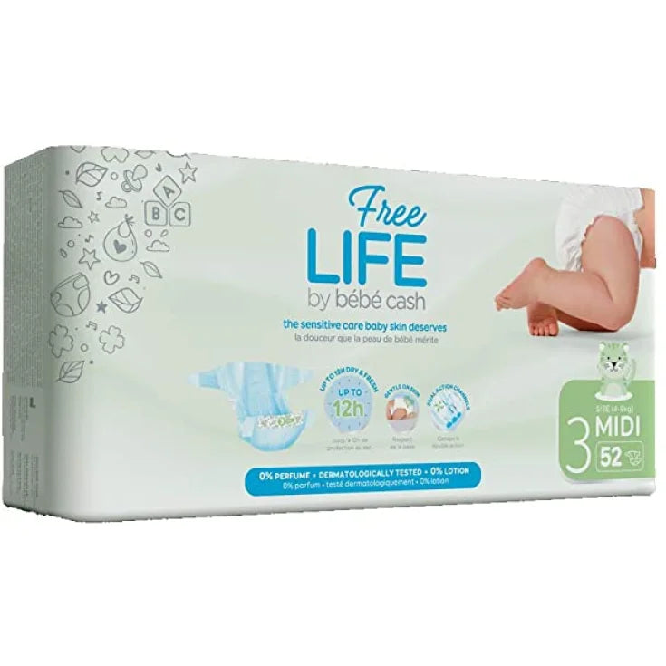 Free Life by bébé cash Midi diapers, size 3, 52 count.