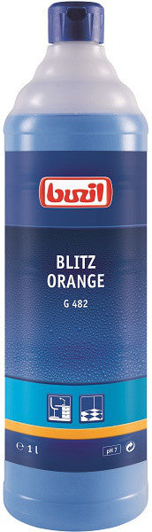 Eine 1L Flasche Blitz-Orange mit leuchtend orangefarbenem Saft und praktischem Design.