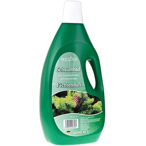 Regina Schaumbad Fichtenduft in 4 Liter Flasche mit Tannenzweig Motiv.