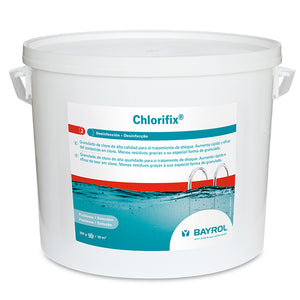 Chlorifix chlorine granules in a white bucket with a label showing water and pool ladders.