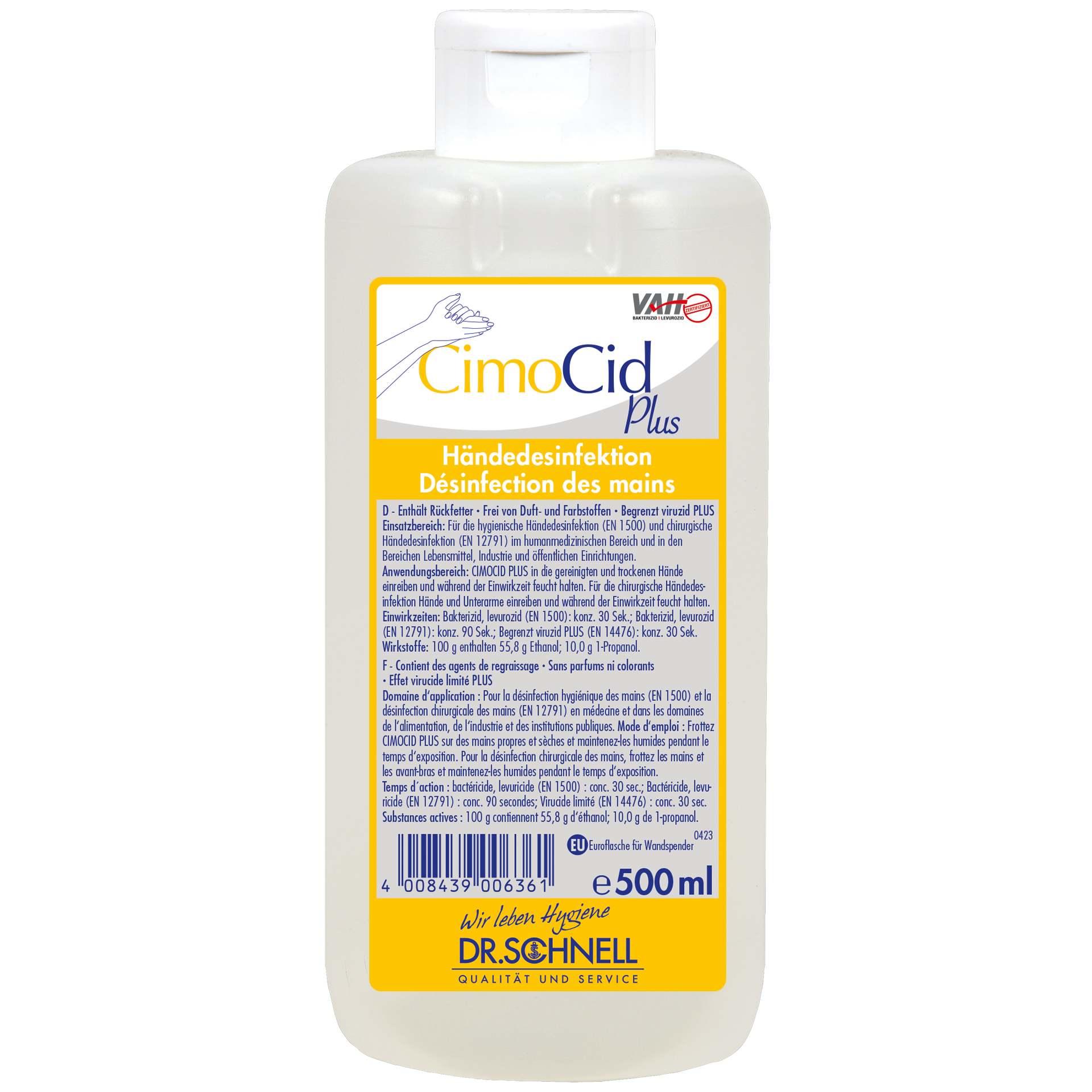 CimoCid PLUS Desinfektionsreiniger in 500ml Euroflasche mit BAuA-Registrierungsnummer N-85853