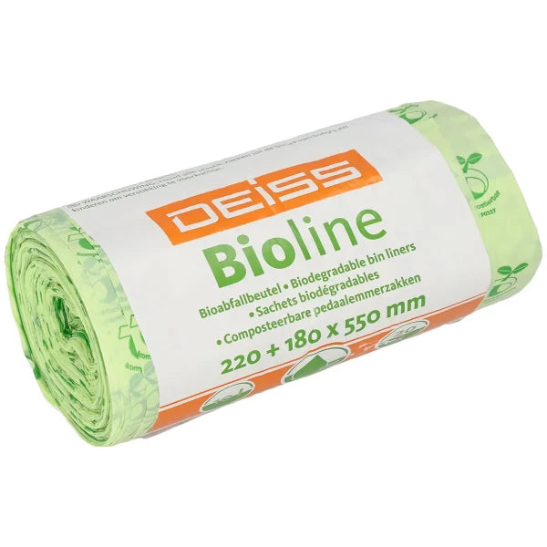 Rolle von Bioline Bioabfallbeuteln mit Aufdruck.