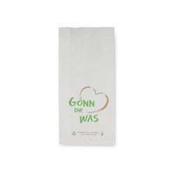 Weißer Faltenbeutel 422 aus Kraftpapier mit den Maßen 14+6x28 cm und dem Spruch "Gönn Dir was".