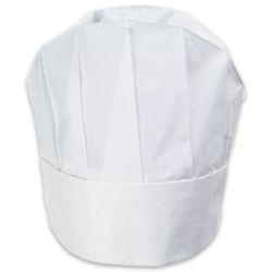 Zehn weiße Papierkochmützen im klassischen französischen Stil mit 28 cm Durchmesser.