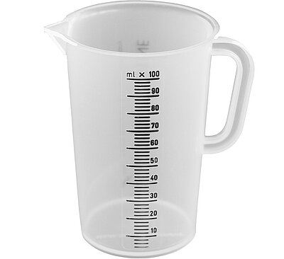 Transparenter Messbecher mit 100 ml Fassungsvermögen und ergonomischem Design für präzises Messen.