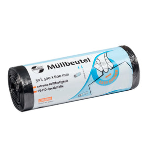 Müllbeutelrolle mit 30L Fassungsvermögen, 500x600mm, extrem reißfest.