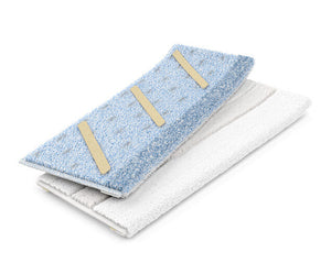 Two mop pads, one blue and one white, are stacked on a white background.