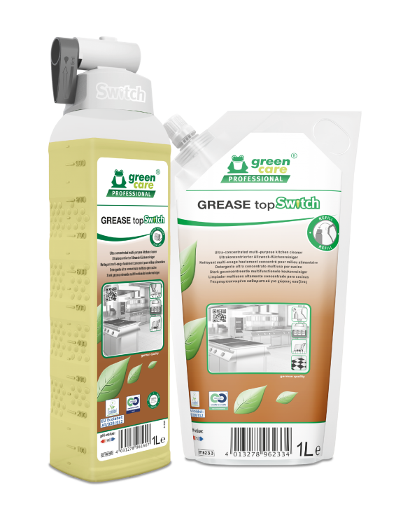 Zwei Green Care Professional Produkte: ein Sprühflasche und ein Nachfüllbeutel.