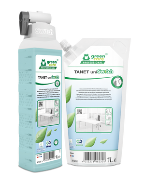 Tanet UniSwitch 1L Beutel mit Dosieraufsatz und Nachfüllbeutel.