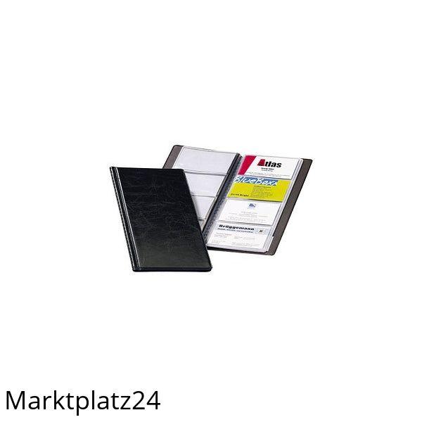 Schwarzes Visitenkartenalbum aus Kunstleder mit 48 transparenten Hüllen für 96 Karten.