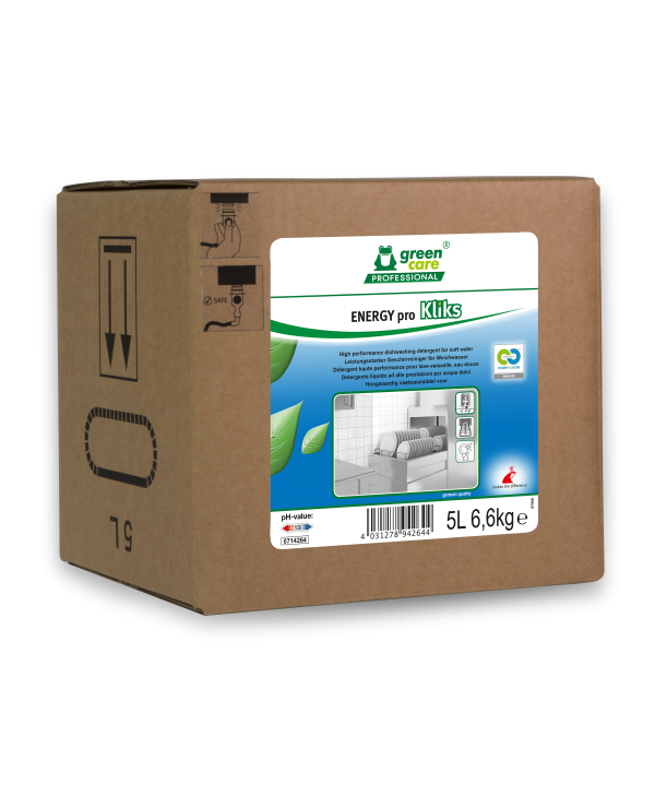 Ein 5L Gebinde ENERGY pro Kliks Spülmittel von Green Care Professional.