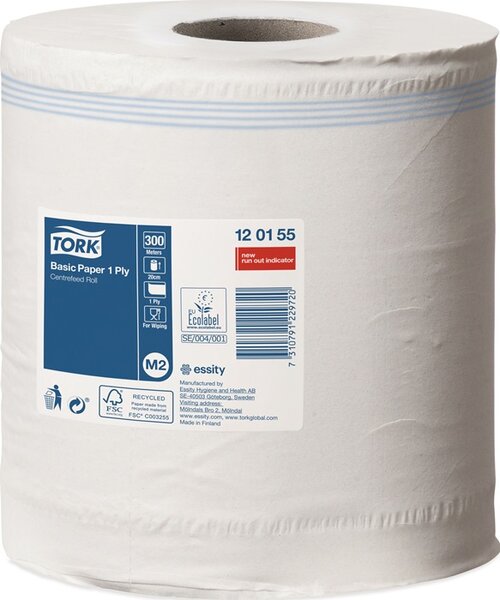 Weißes, unperforiertes Papierwischtuch Tork Standard, 300m lang und 20cm breit, in 6 Rollen.