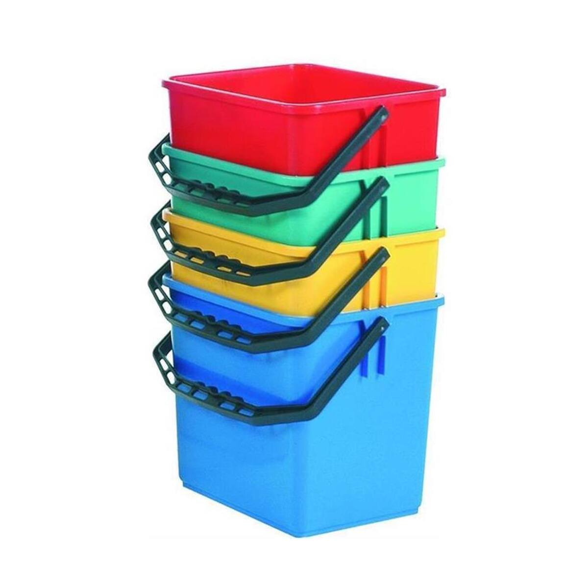 Vier gestapelte Kunststoff-Eimer in Rot, Grün, Gelb und Blau mit schwarzen Griffen.