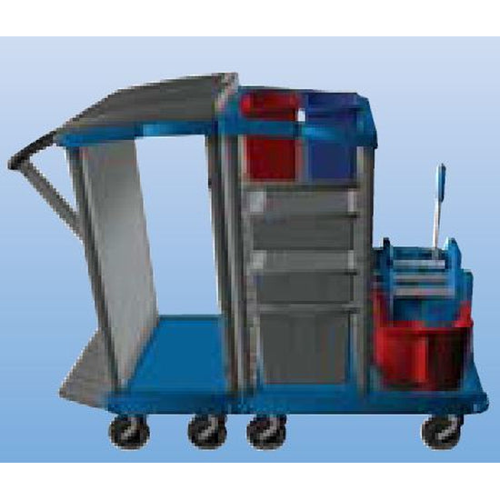 Blauer Reinigungswagen mit roten und blauen Behältern und einem Dach.