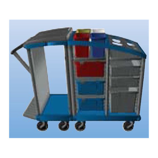 Blauer und grauer Servierwagen mit mehreren Fächern und Rädern.