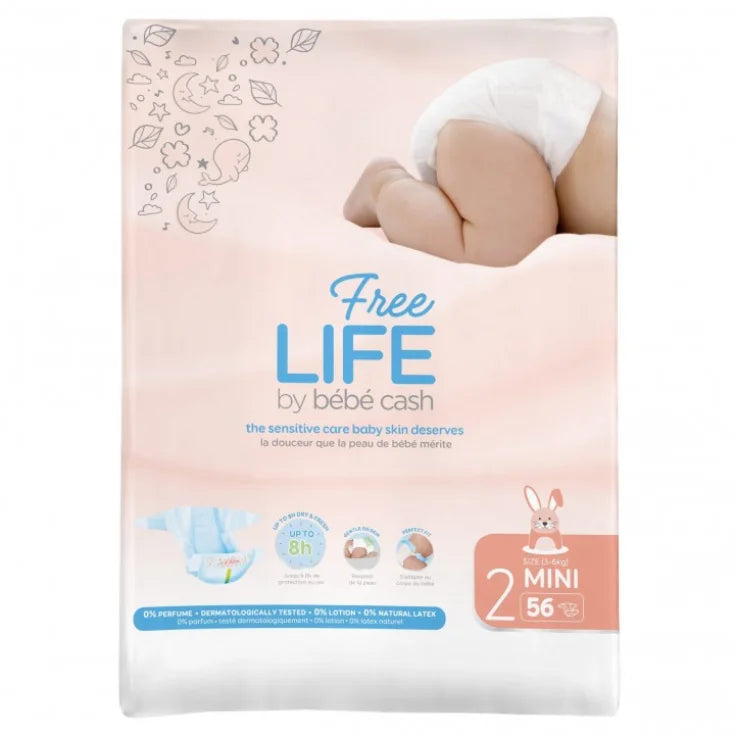 Free Life by Bébé Cash Mini baby diapers, size 2, 56 count.