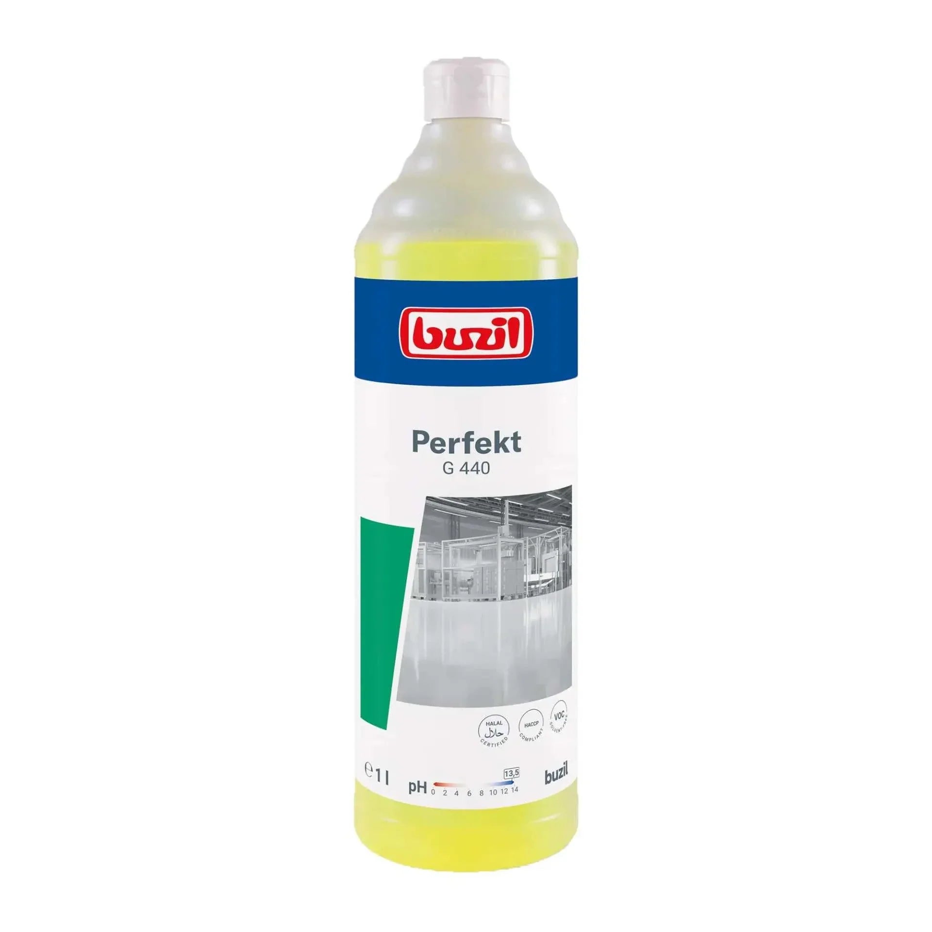 yellow liquid cleaning product bottle labeled buzil perfekt g 440 1 liter not premium wodka