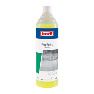 yellow liquid cleaning product bottle labeled buzil perfekt g 440 1 liter not premium wodka