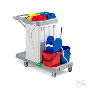 Ein robuster Reinigungswagen mit Wassertank und mehreren farbigen Eimern.