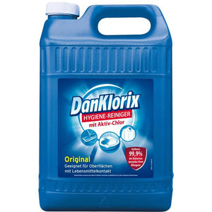 5-Liter-Kanister DanKlorix Hygienereiniger mit robustem Griff und klarer Flüssigkeit.