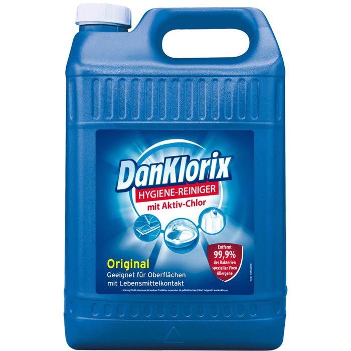 5-Liter-Kanister DanKlorix Hygienereiniger mit robustem Griff und klarer Flüssigkeit.