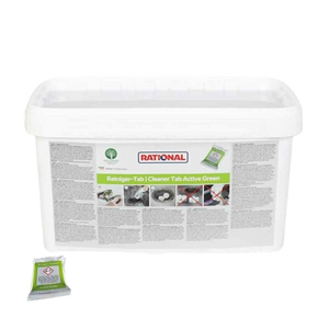 Rational Reiniger-Tabs Active Green in einem Eimer mit 150 biologisch abbaubaren Tabs.