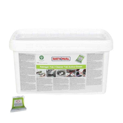Rational Reiniger-Tabs Active Green in einem Eimer mit 150 biologisch abbaubaren Tabs.