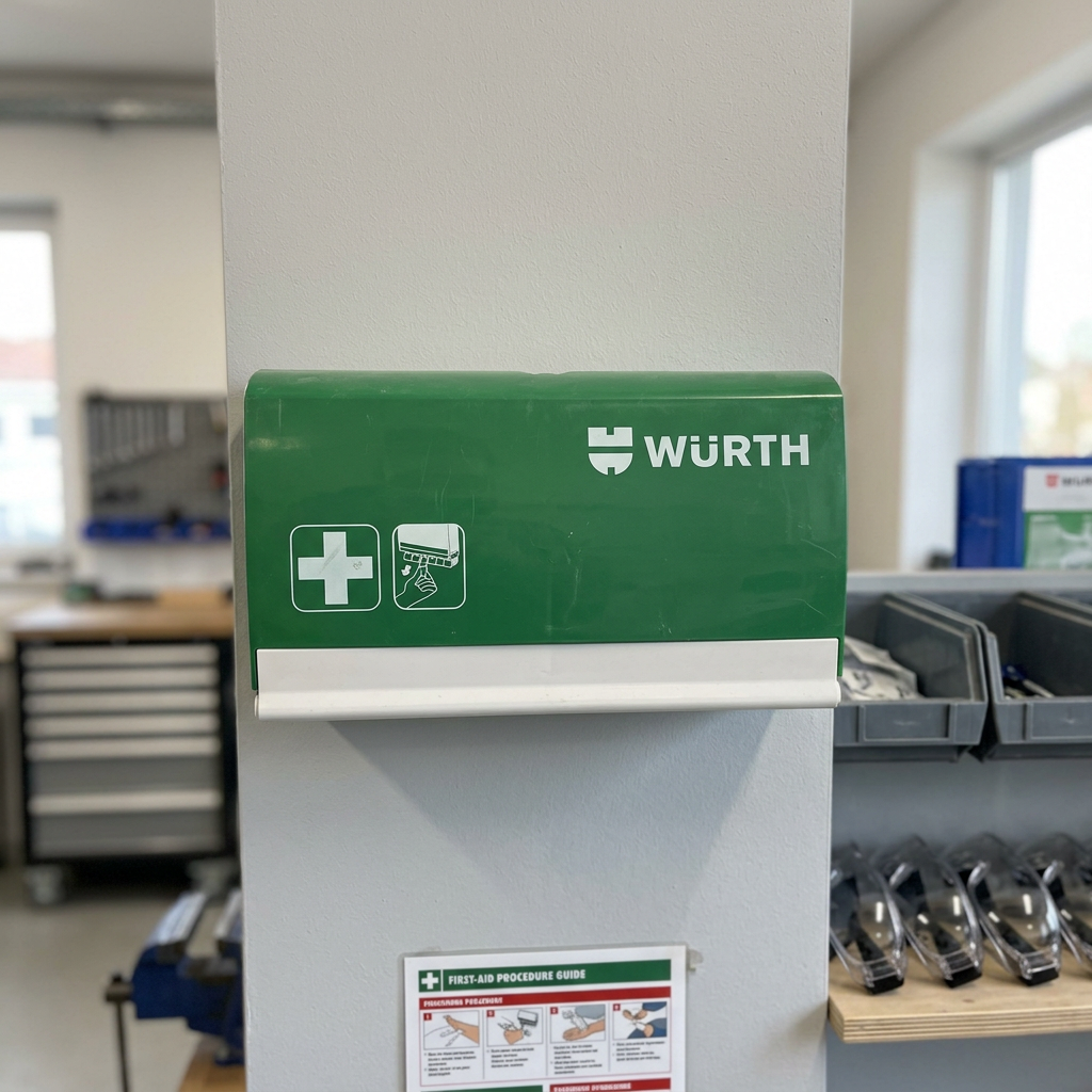 Grüner Würth Wundpflasterspender in einer KI-generierten Werkstatt-Erste-Hilfe-Szene nach Originalproduktbild