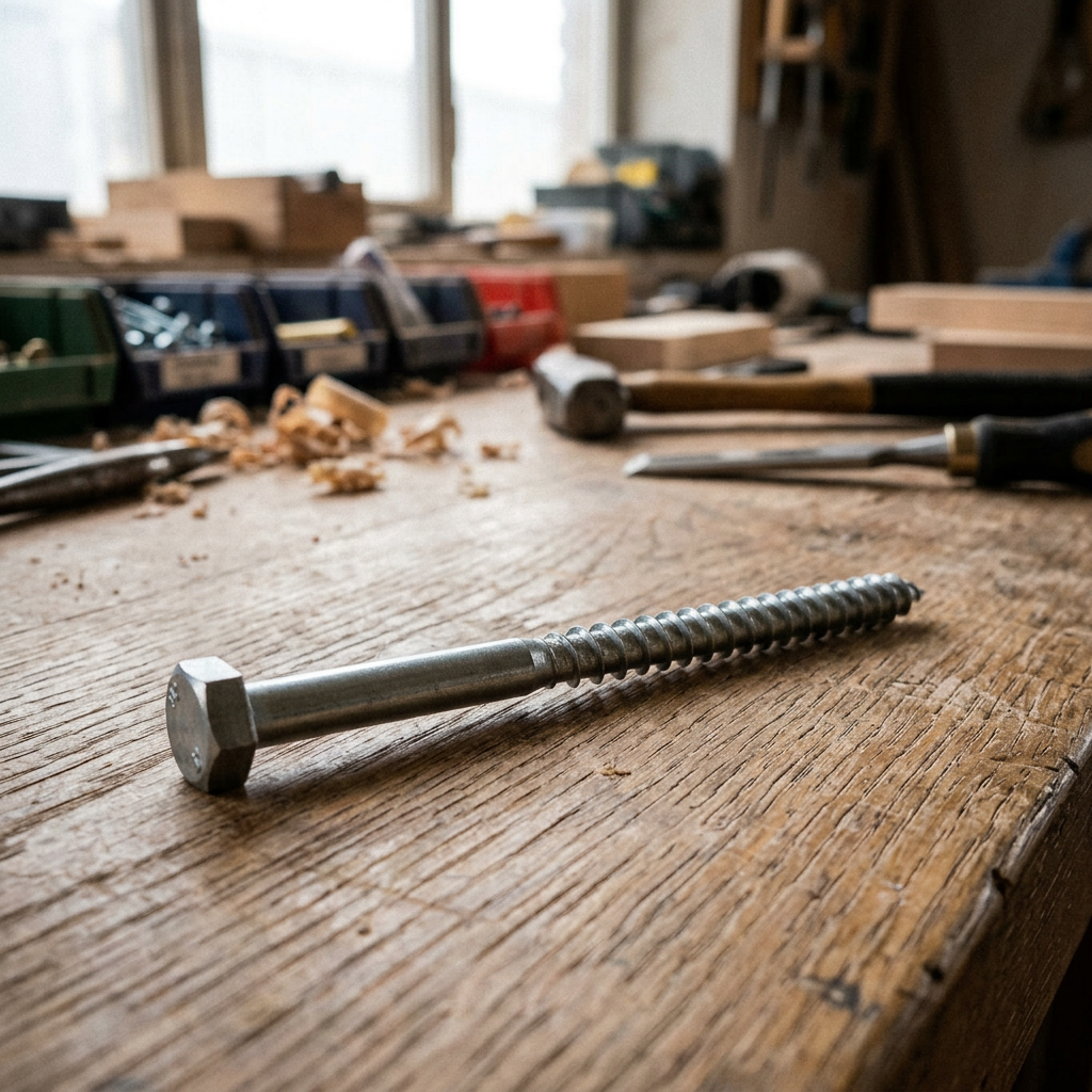 Sechskant-Holzschraube auf einer hölzernen Werkbank in einer Werkstatt.