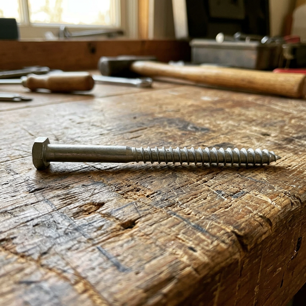 Sechskant-Holzschraube auf einer hölzernen Werkbank in einer Werkstatt.