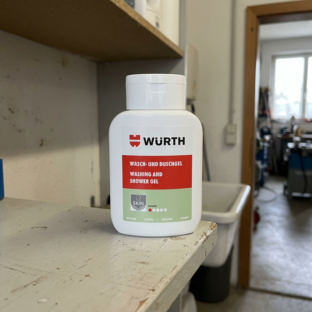 Würth Wasch- und Duschgel in der 250-ml-Flasche in einer KI-generierten Werkstatt-Waschraumszene nach Originalproduktbild