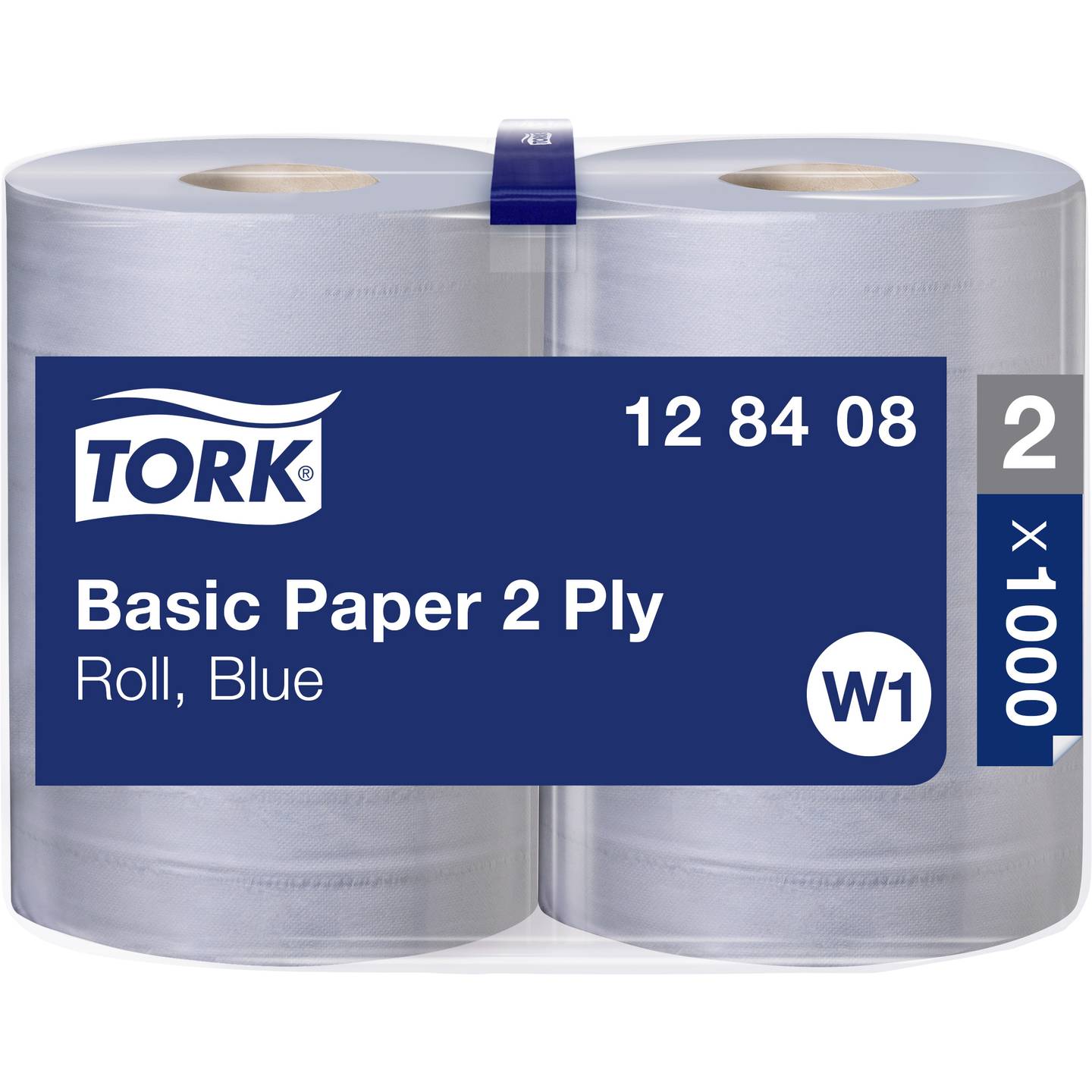 Blaues, perforiertes Papierwischtuch Tork Standard, 37x34 cm, 2-lagig, in Rollenform.