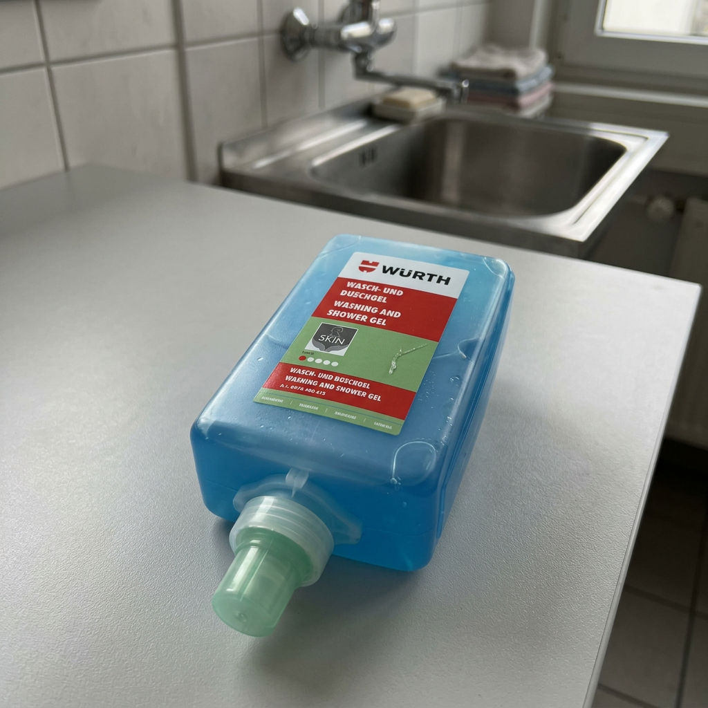 Würth Wasch- und Duschgel Blau im Spendergebinde in einer KI-generierten Werkstatt-Waschraumszene nach Originalproduktbild