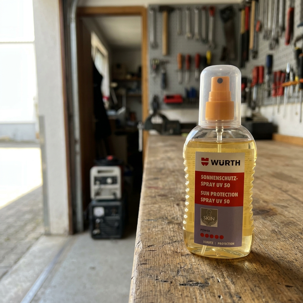 Würth Sonnenschutzspray UV50 in einer KI-generierten Werkstattszene auf Basis des Originalproduktbilds