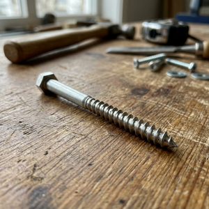 Sechskant-Holzschraube auf einer hölzernen Werkbank in einer Werkstatt.