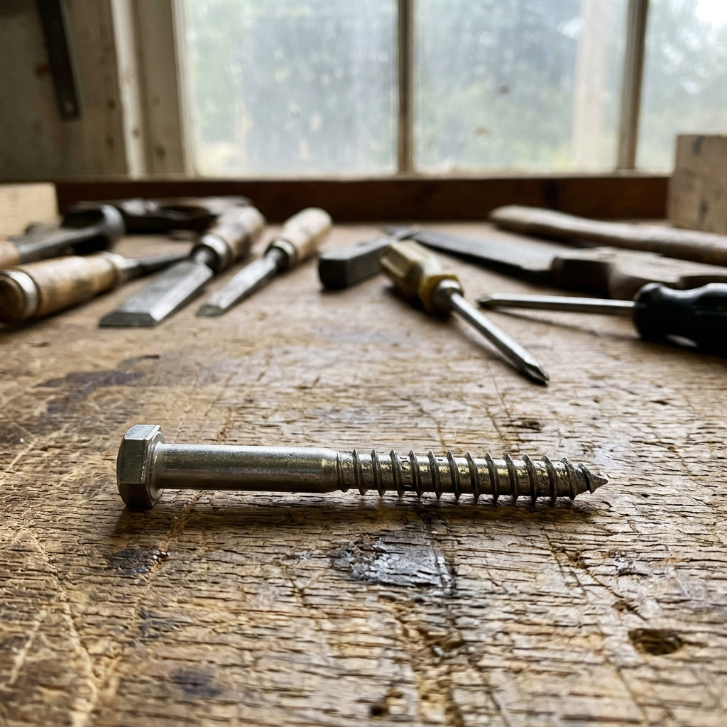 Sechskant-Holzschraube auf einer hölzernen Werkbank in einer Werkstatt.