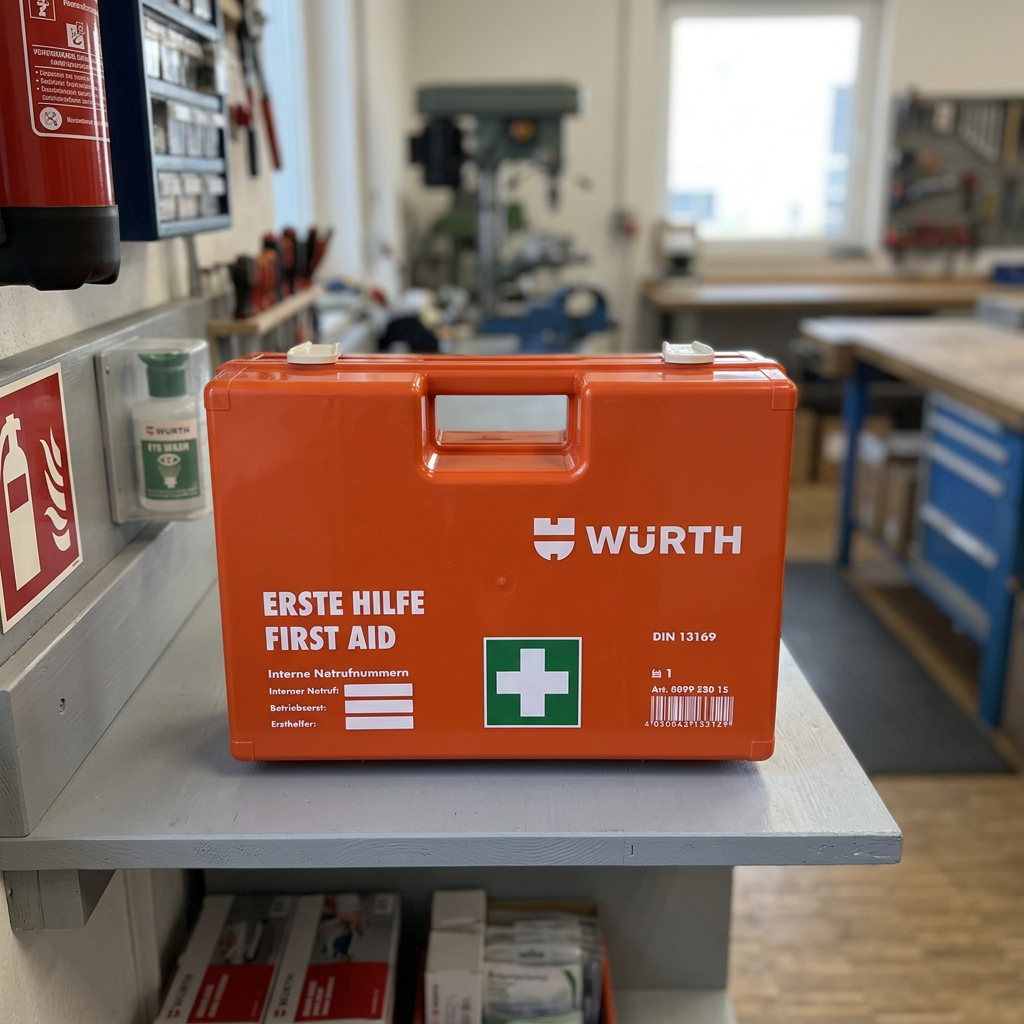 Oranger Würth Erste-Hilfe-Koffer mit DIN-13169-Kennzeichnung in einer KI-generierten Werkstattszene nach Originalproduktbild