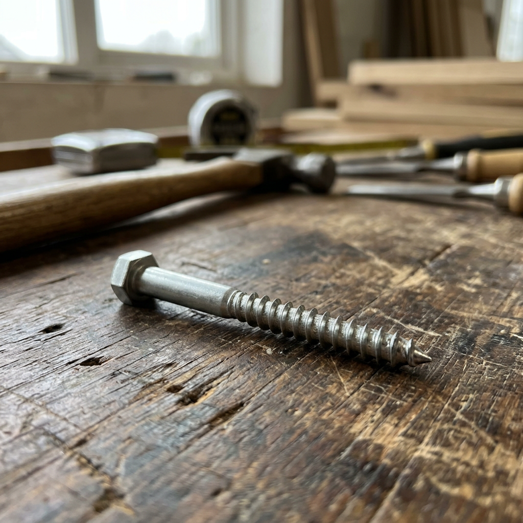 Sechskant-Holzschraube auf einer hölzernen Werkbank in einer Werkstatt.