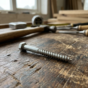 Sechskant-Holzschraube auf einer hölzernen Werkbank in einer Werkstatt.