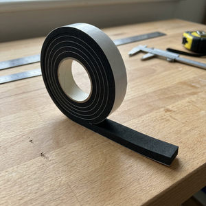 Schwarzes Fugendichtband auf Rolle mit teilweise abgerolltem Streifen in einer KI-generierten Werkstattszene nach Originalproduktbild
