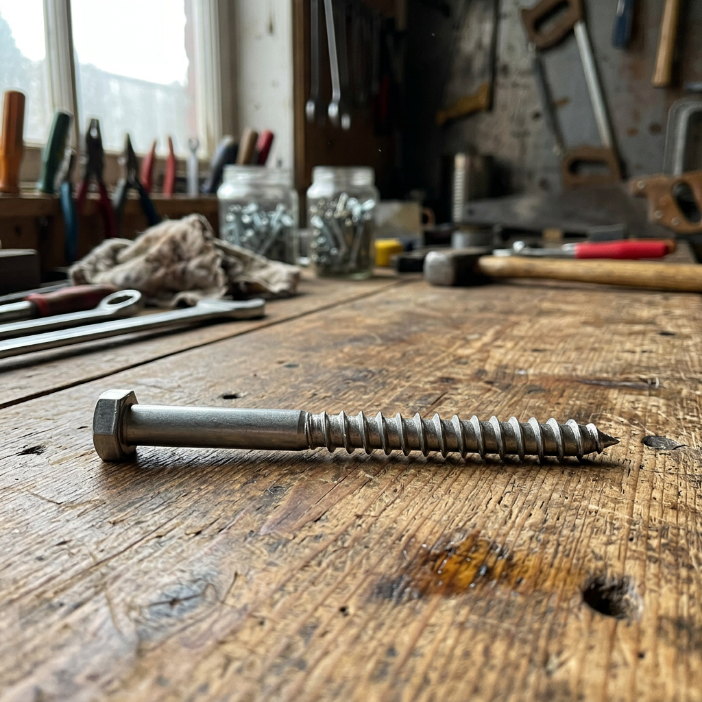 Sechskant-Holzschraube auf einer hölzernen Werkbank in einer Werkstatt.