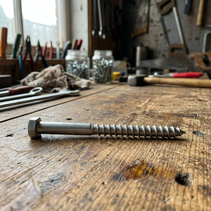 Sechskant-Holzschraube auf einer hölzernen Werkbank in einer Werkstatt.