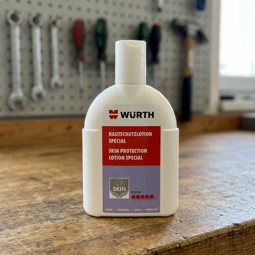 Würth Hautschutzlotion Spezial als weiße Flasche auf einer Werkbank, KI-bearbeitete Szene nach Originalbild