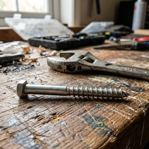Sechskant-Holzschraube auf einer hölzernen Werkbank in einer Werkstatt.