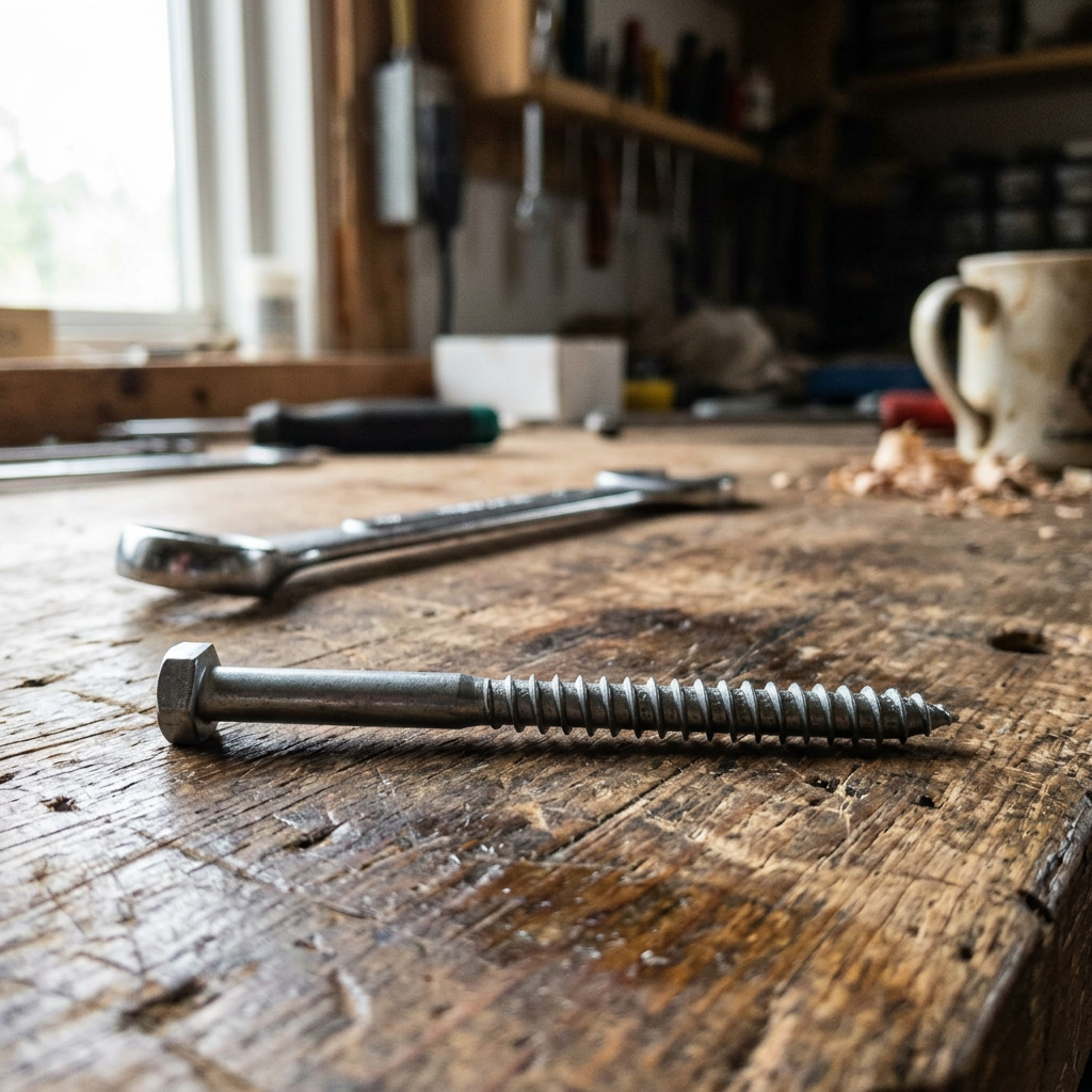 Sechskant-Holzschraube auf einer hölzernen Werkbank in einer Werkstatt.