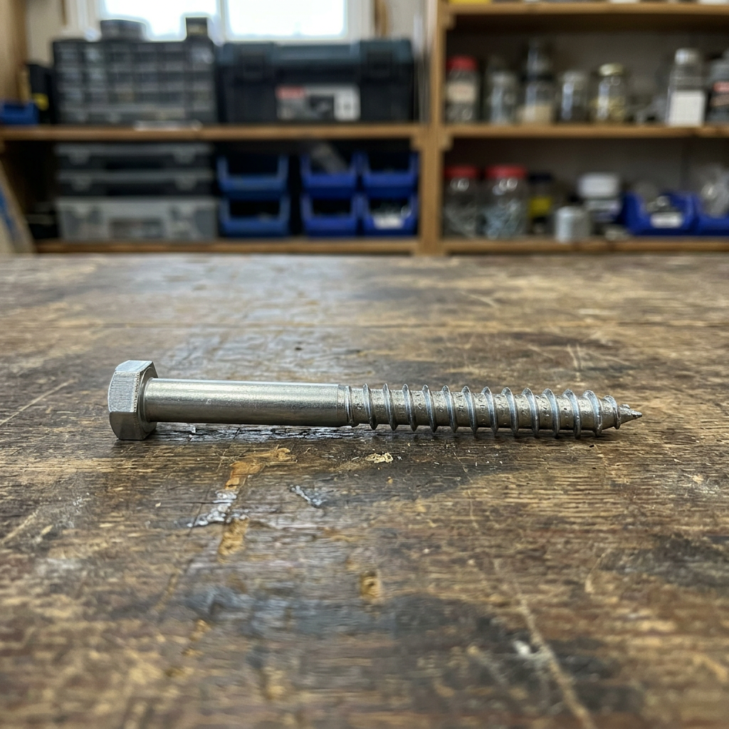 Sechskant-Holzschraube auf einer hölzernen Werkbank in einer Werkstatt.