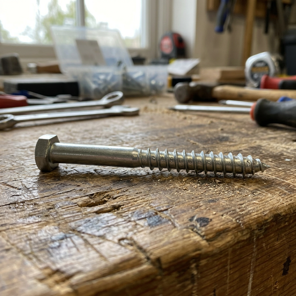 Sechskant-Holzschraube auf einer hölzernen Werkbank in einer Werkstatt.