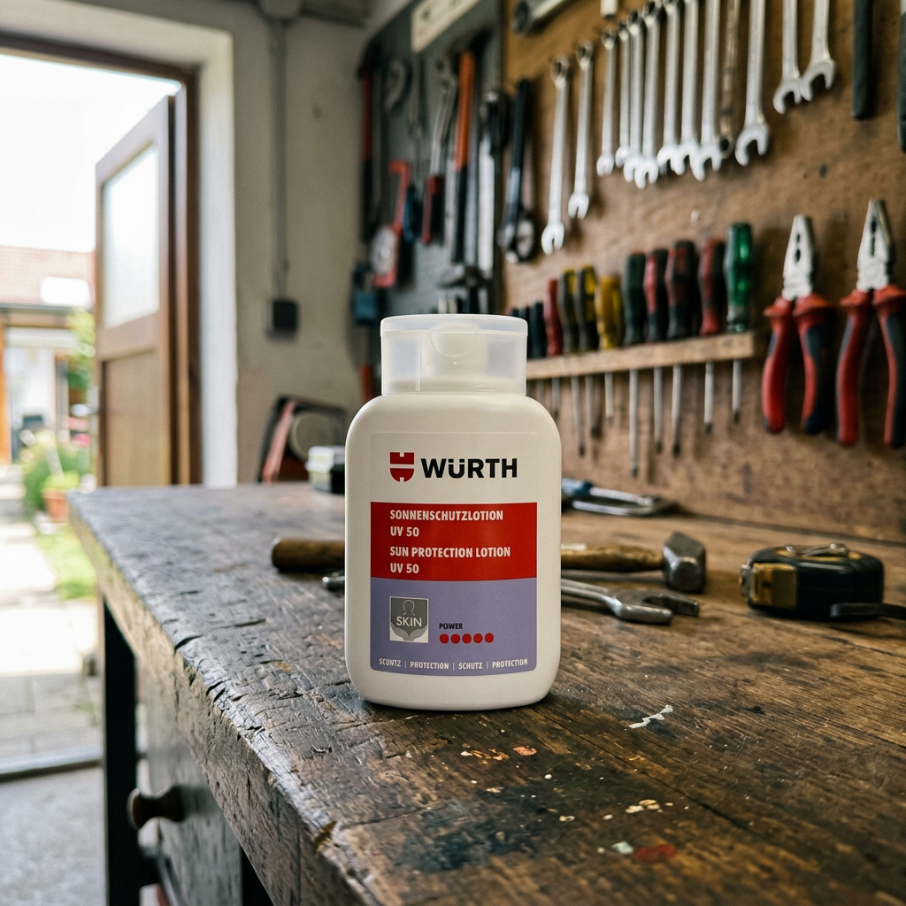 Würth Sonnenschutzlotion UV50 in einer KI-generierten Werkstattszene auf Basis des Originalproduktbilds
