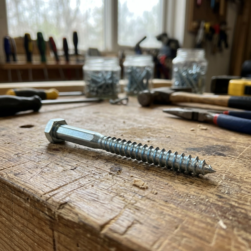 Sechskant-Holzschraube auf einer hölzernen Werkbank in einer Werkstatt.