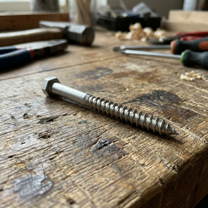 Sechskant-Holzschraube auf einer hölzernen Werkbank in einer Werkstatt.